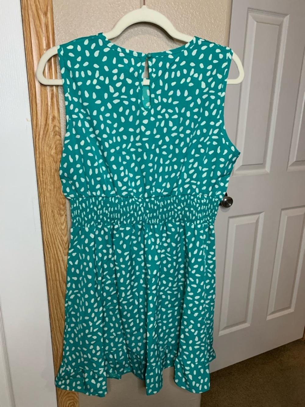 ABSTRACT DOT Teal & White Smocked-Waist Mini Dress - Picture 6 of 6